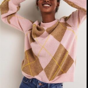 🌈 BODEN HADLEY Pink and Brown Argyle Sweater Wool blend size US 6